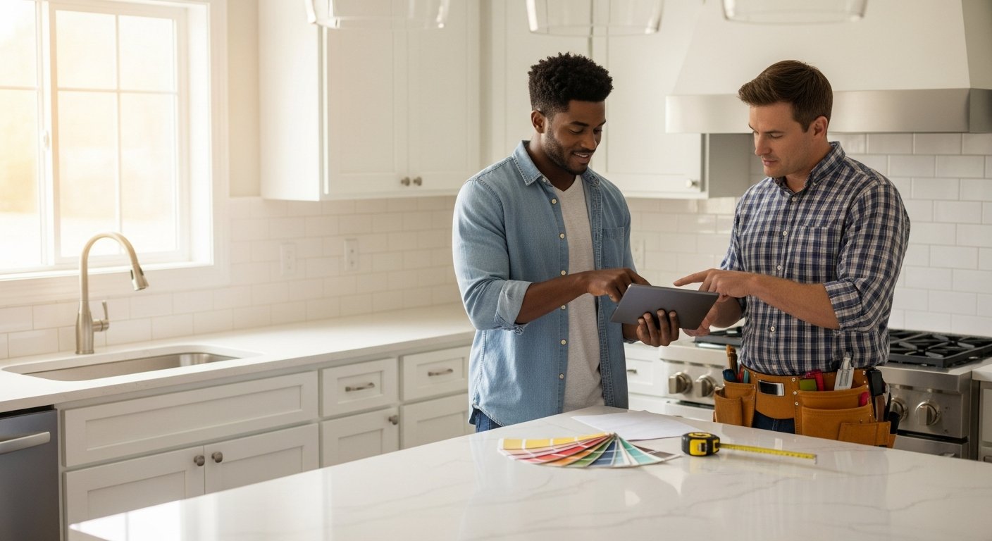 Homeowner and contractor reviewing a printed estimate on a tablet in a bright, newly renovated kitchen with white cabinets…