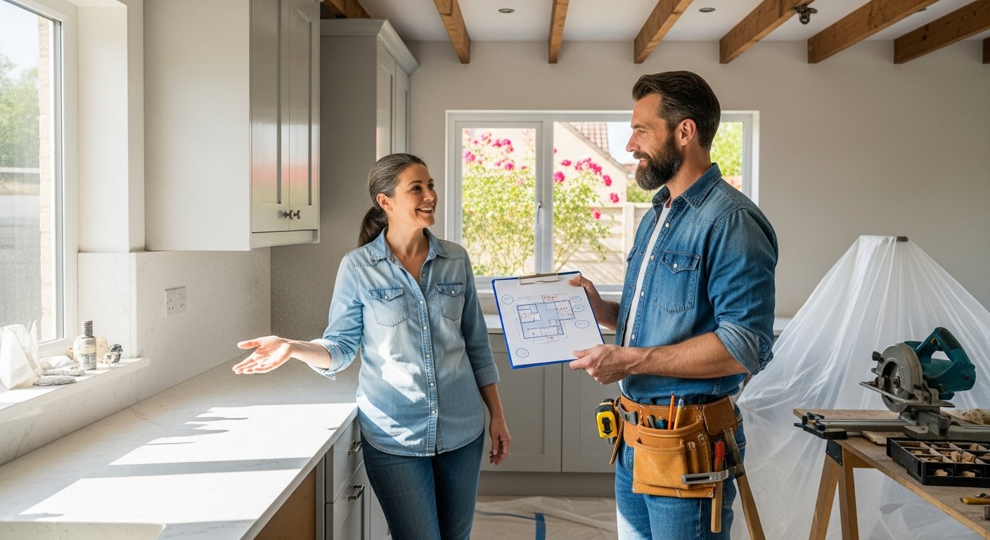 Smiling homeowner in casual clothes shakes hands with a contractor in a work shirt and tool belt, inside a sunlit kitchen…