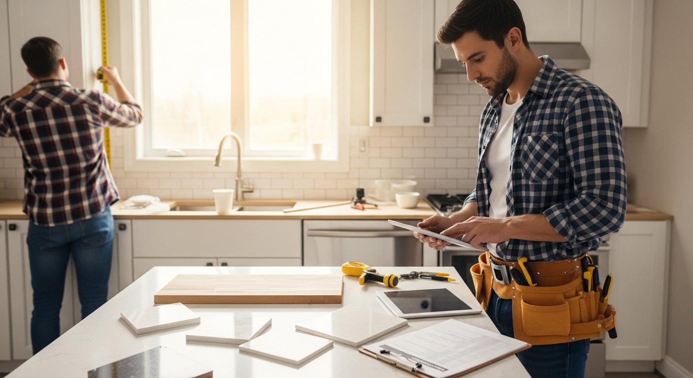 Homeowner in a tool belt reviews a tablet and budget spreadsheet amid kitchen renovation samples and materials