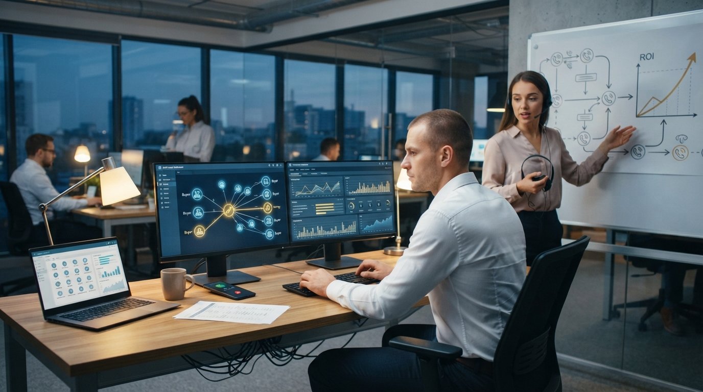 Marketer at a dual-monitor desk views a real-time bidding dashboard with a ping routed to multiple buyer nodes and one…