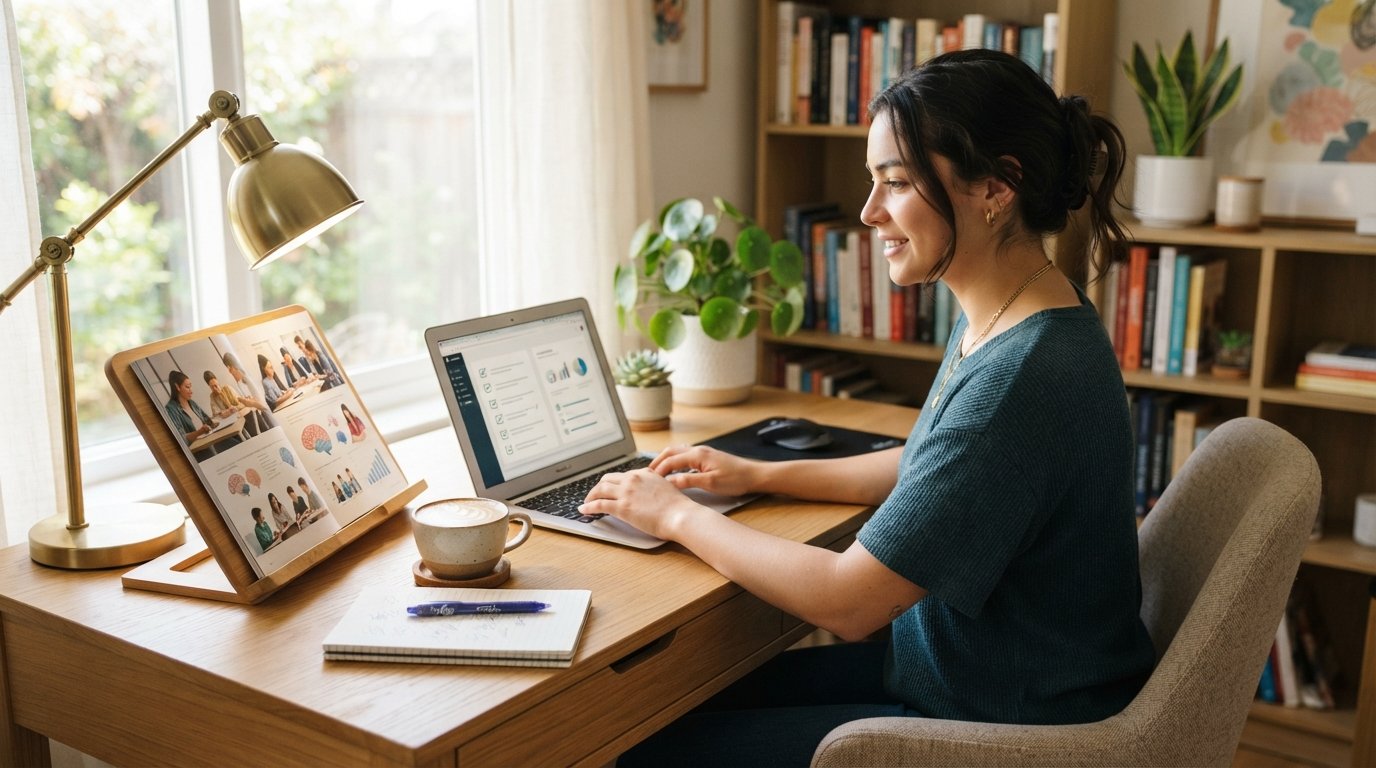 Young adult in casual business attire reviews a brochure and types on a laptop showing a checklist at a wooden desk in a…