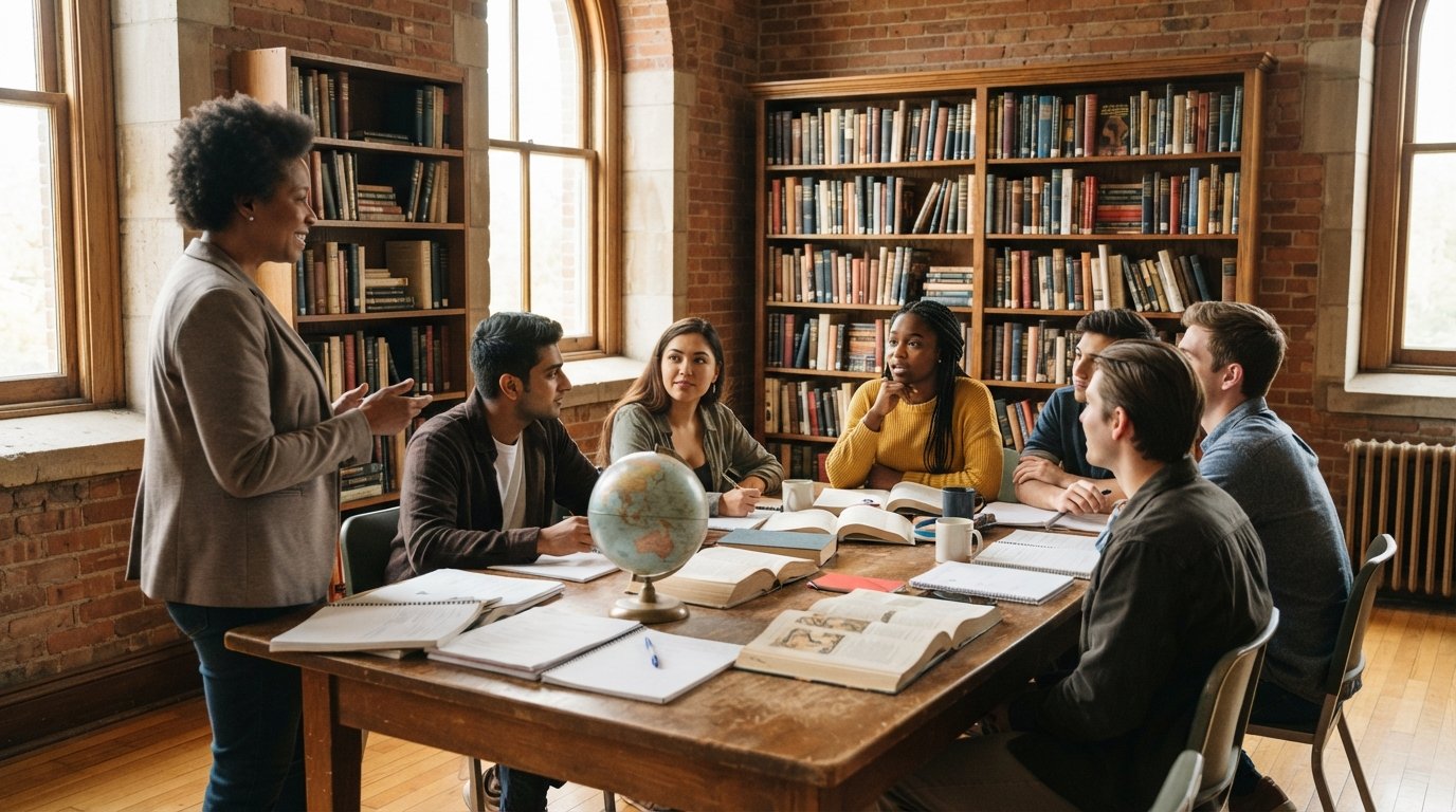 Diverse college students discuss around a wooden seminar table in a sunlit brick classroom as a professor gestures toward…