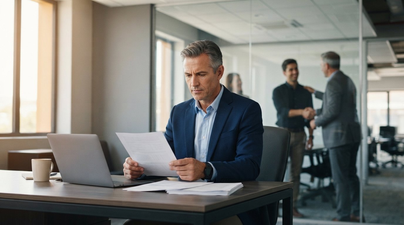 Man in his 50s in a navy blazer reviews a printed document at a desk, with a blurred conference room behind him