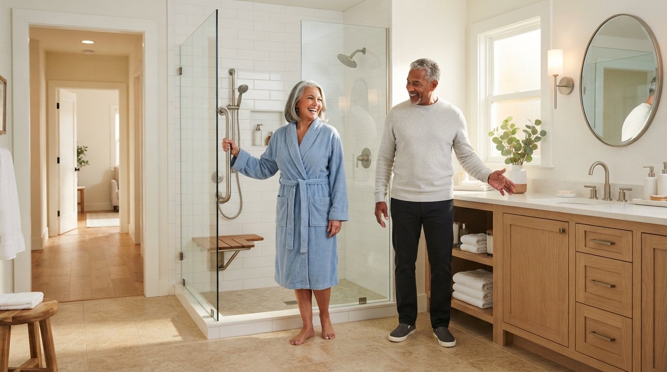 Older woman holding a brushed-nickel grab bar beside a curbless walk-in shower with a glass panel and teak bench as an…