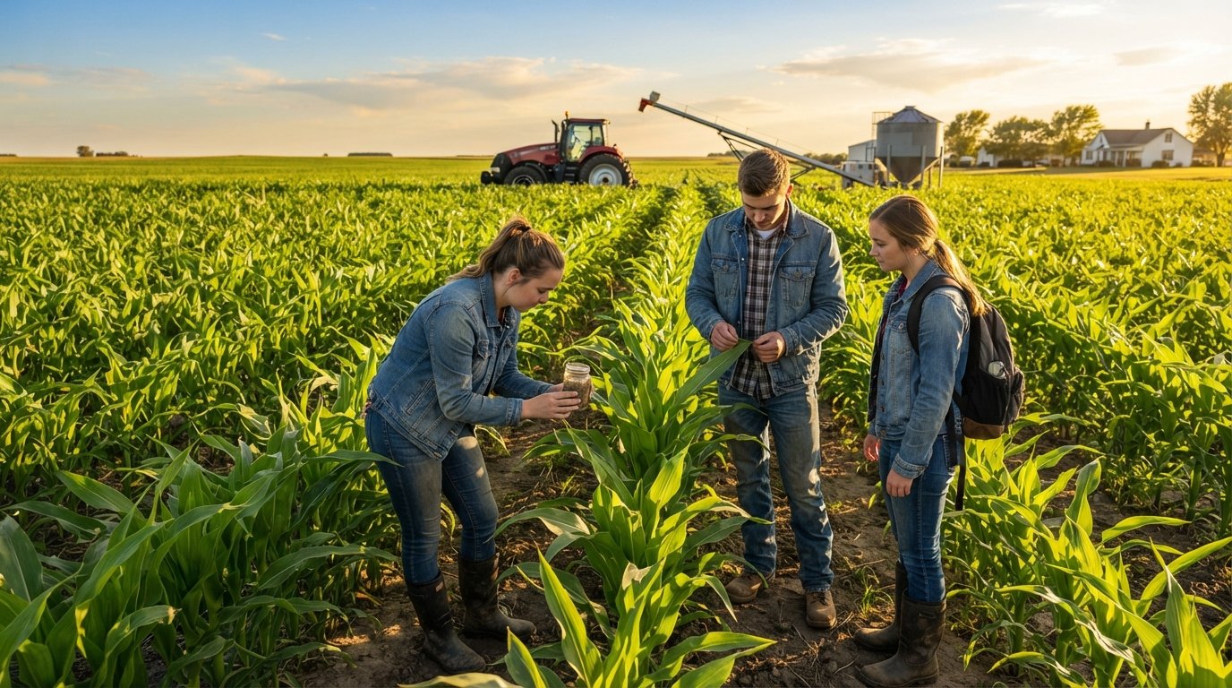 Two students in work boots and denim jackets inspect corn leaves and a soil sample jar in a sunlit field, with a red…