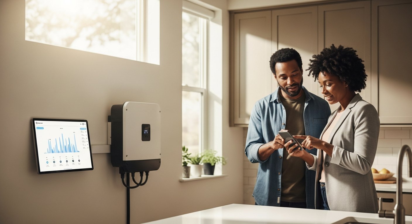 Couple in bright kitchen reviewing AI energy dashboard on wall-mounted tablet near home battery unit