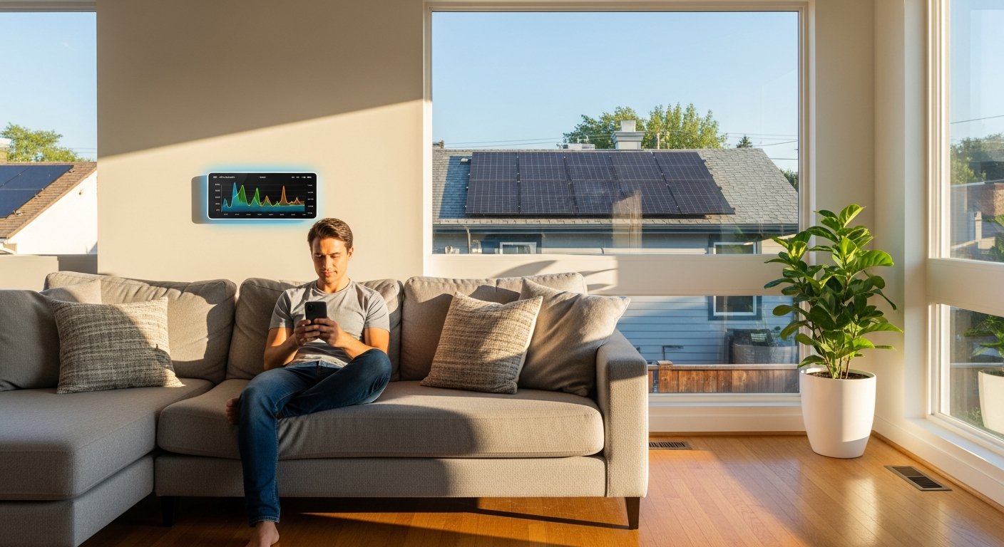 Smart thermostat on living room wall while a person checks energy usage on a phone near sunlit windows