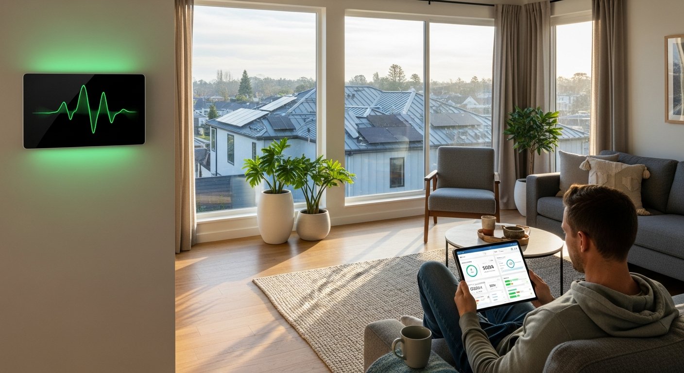 Homeowner on a sofa checks a tablet displaying an energy dashboard while a smart thermostat on the wall shows a green…