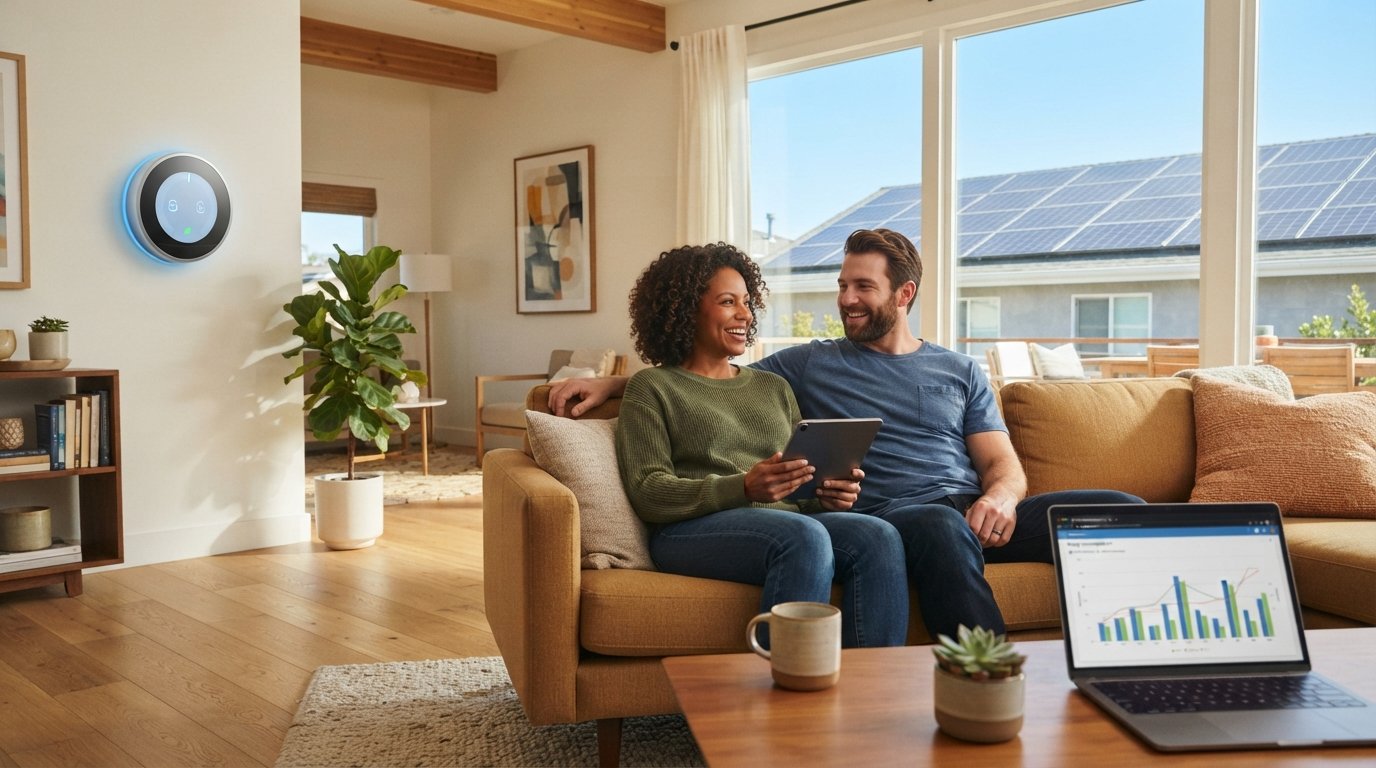 Couple relaxing on a sofa beside a glowing smart thermostat, with rooftop solar panels visible through large windows and an…