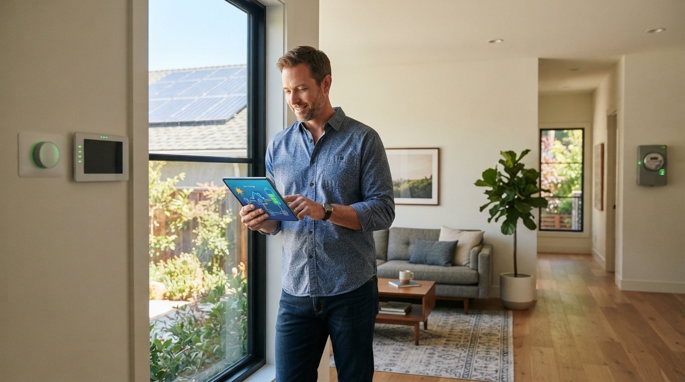 Man in casual shirt holding tablet with energy dashboard in bright living room, solar panels visible through window