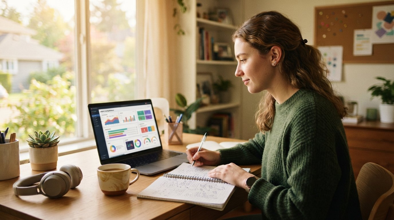 Young adult student at a home desk studying on a laptop that shows colorful progress charts and bars, with a notebook,…