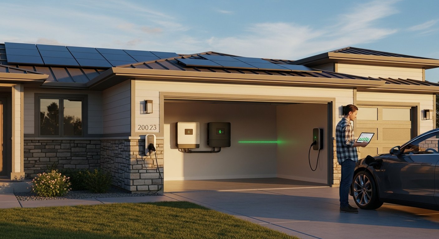 Homeowner in a driveway reviews a tablet showing energy usage next to an EV charger, with solar panels and a wall-mounted…