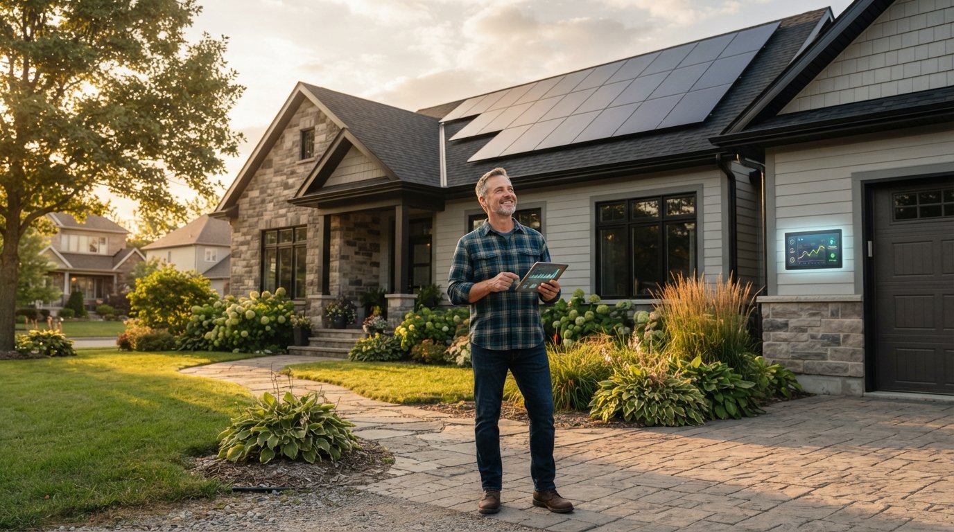 Man in plaid shirt stands on driveway holding a tablet, looking at rooftop solar panels on a suburban home at sunset