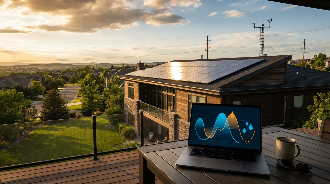 Rooftop solar panels on a suburban home at golden hour, with a laptop on a deck showing an abstract energy graph