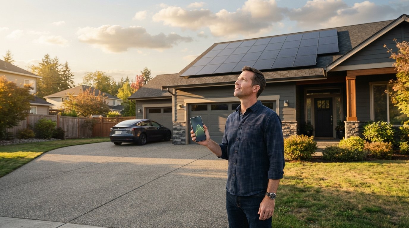 Homeowner stands in driveway at golden hour, holding a smartphone showing an energy graph while looking up at rooftop solar…