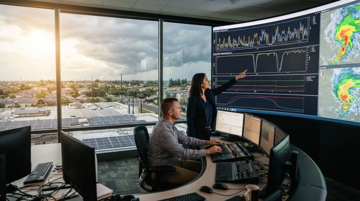 Two operators in a grid control room watch a curved display of solar generation curves and weather radar as a storm front…