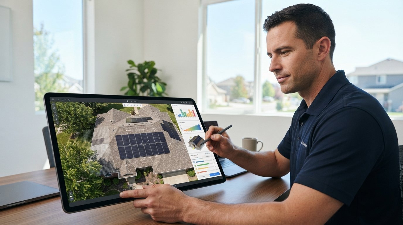 Solar installer using a stylus on a tablet showing a rooftop solar array layout with shading analysis over a suburban home