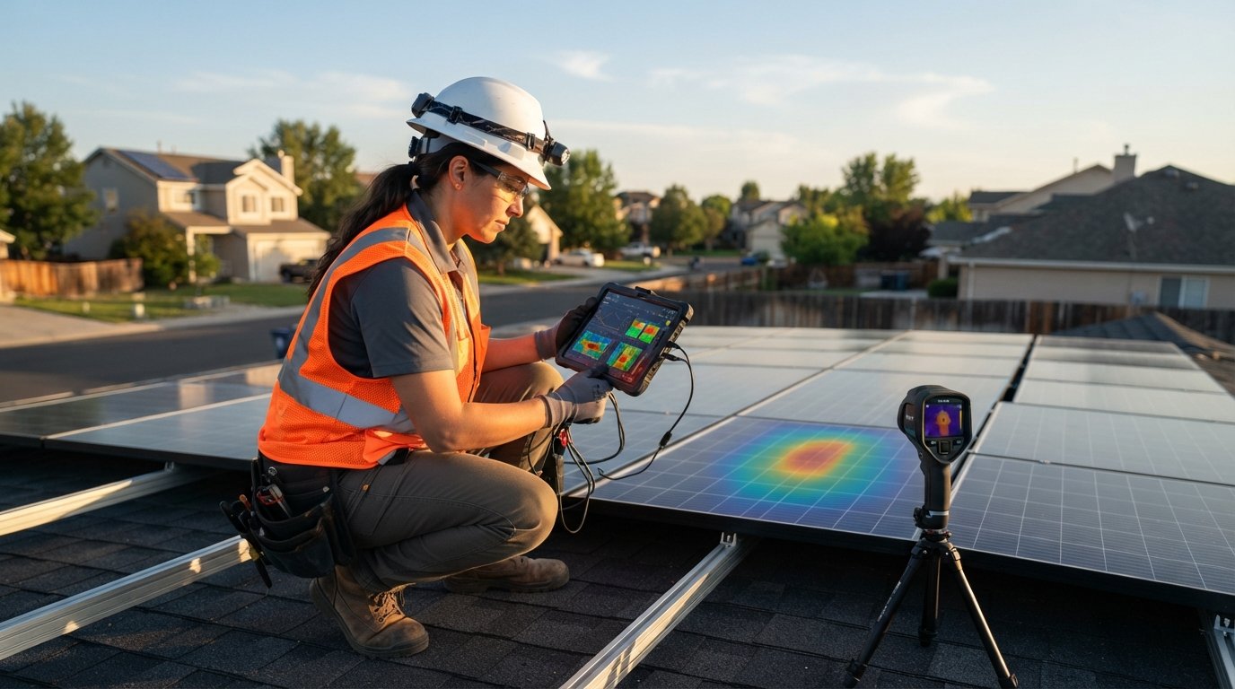 Solar technician in safety vest and hard hat reviews diagnostic graphs on a tablet while inspecting rooftop photovoltaic…