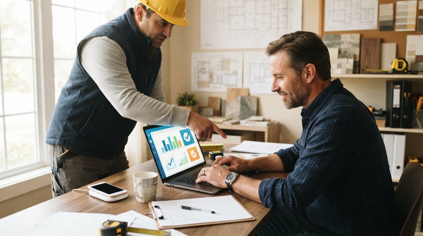 Remodeling contractor at a desk reviewing bar graphs and checkmark icons on a laptop while a second contractor in a hard…