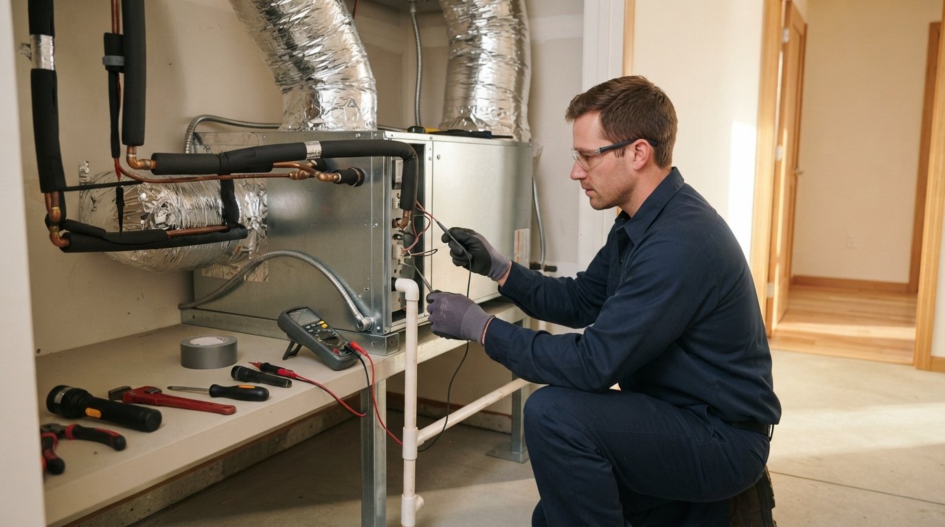 HVAC technician in navy uniform and work gloves inspects a newly installed air handler cabinet with copper refrigerant…