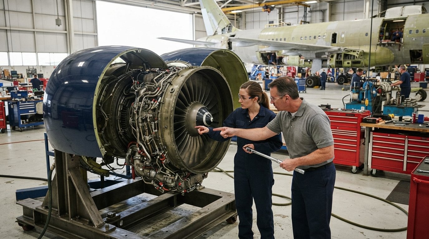 Apprentice in navy coveralls and safety glasses inspects an open turbofan engine cowling while an instructor points to a…