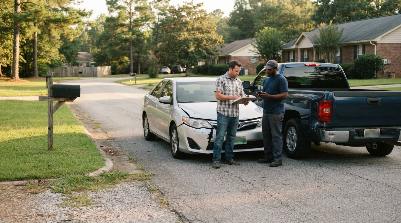 Silver sedan and dark blue pickup truck with front-end damage pulled over on a suburban Alabama street as two drivers…