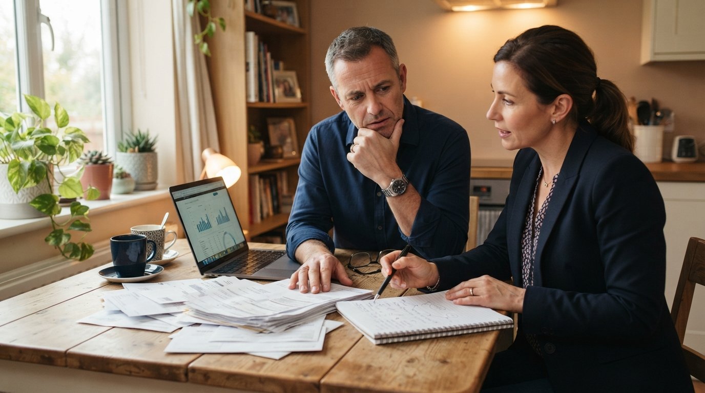 Worried man in blue shirt reviews unpaid bills at a kitchen table while a woman in professional attire points to a notepad…