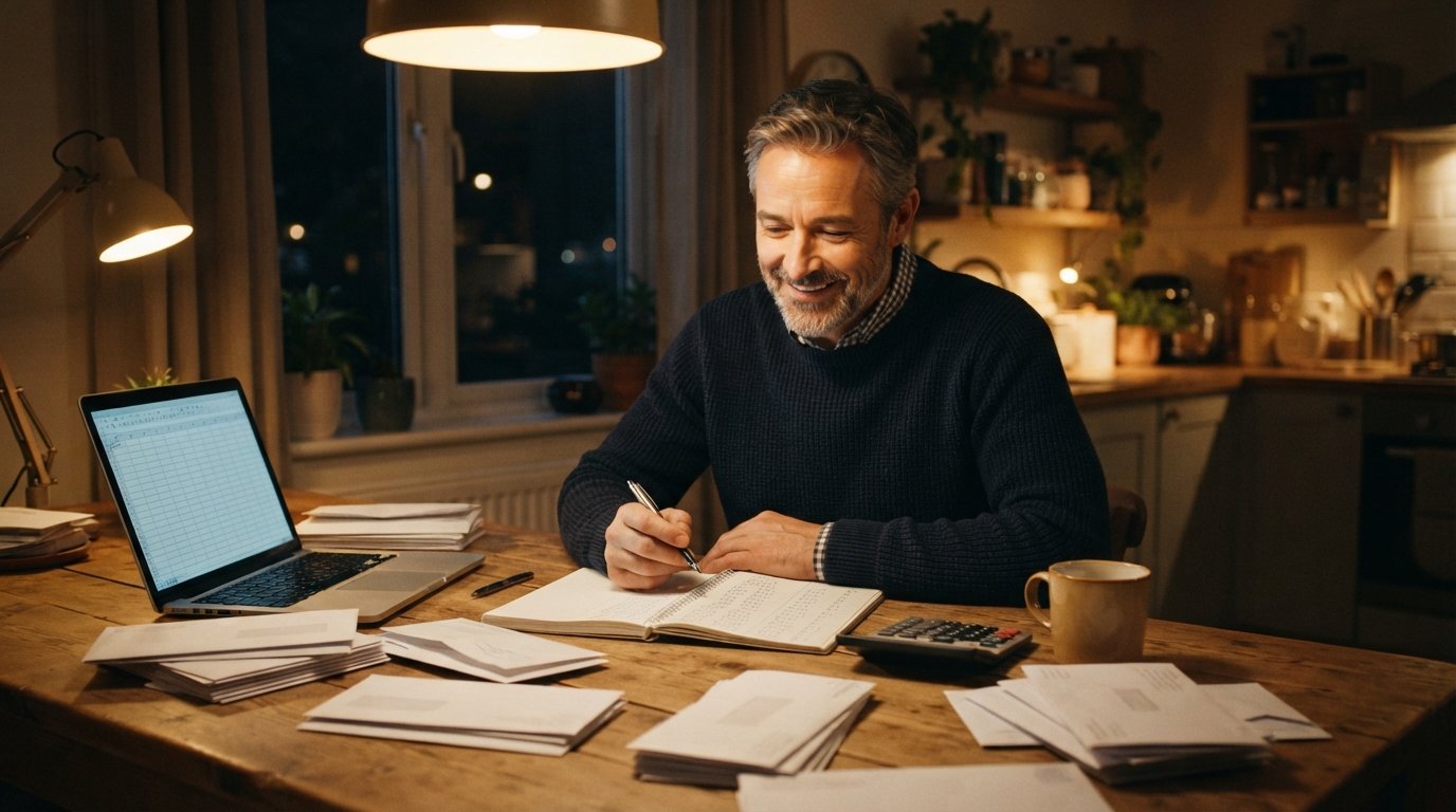 Middle-aged man at a kitchen table at night reviewing a notebook of handwritten figures beside stacked envelopes, a…