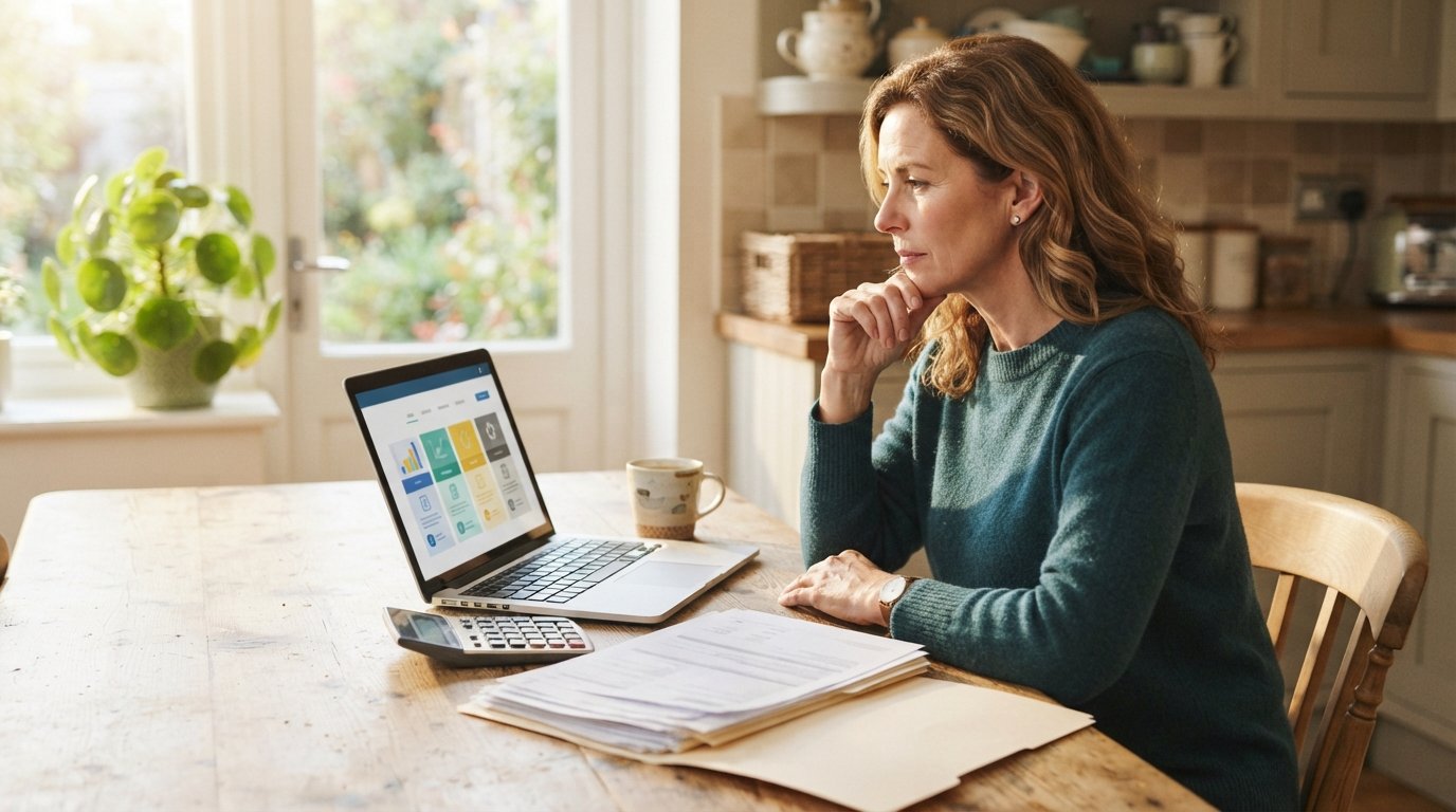 Woman at a sunlit kitchen table reviewing health insurance options on a laptop beside tax documents, a calculator, and a…