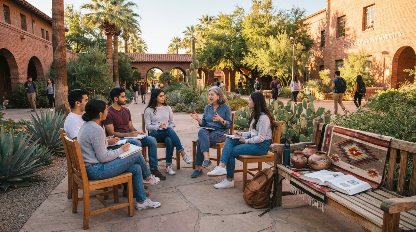 Diverse university students sit in a circle with a professor in a sunlit ASU courtyard, surrounded by desert plants, red…