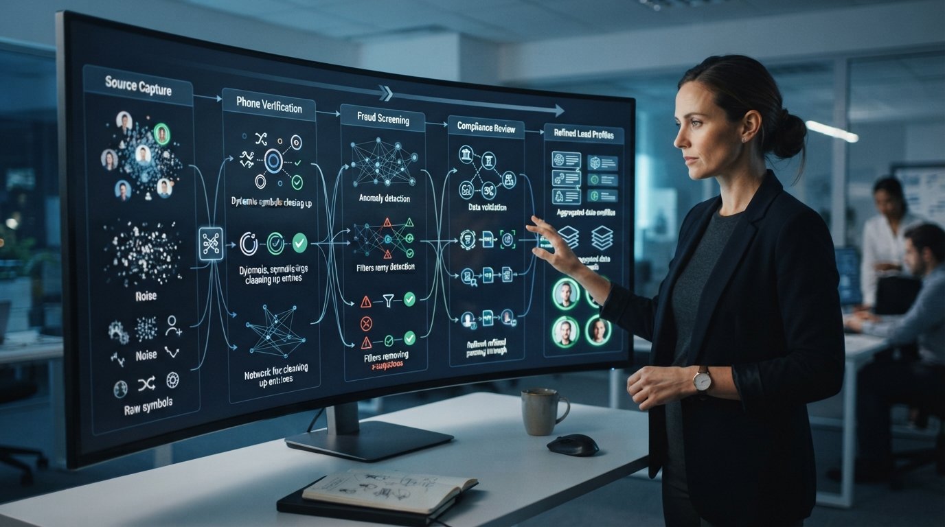 Professional at a desk reviewing a large dashboard with layered verification checkpoints, data filters, and refined lead…