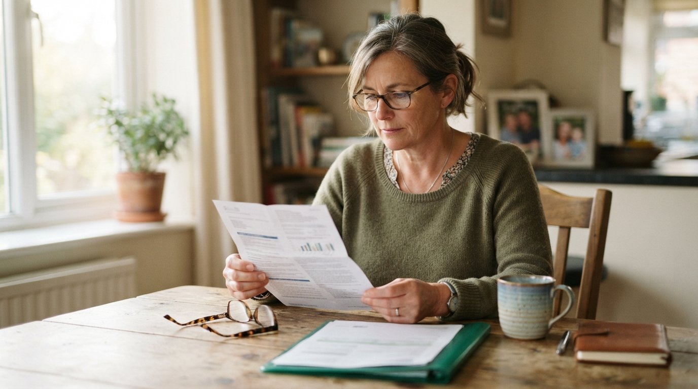Middle-aged woman in reading glasses reviewing a formal letter at a wooden kitchen table with coffee mug and insurance folder