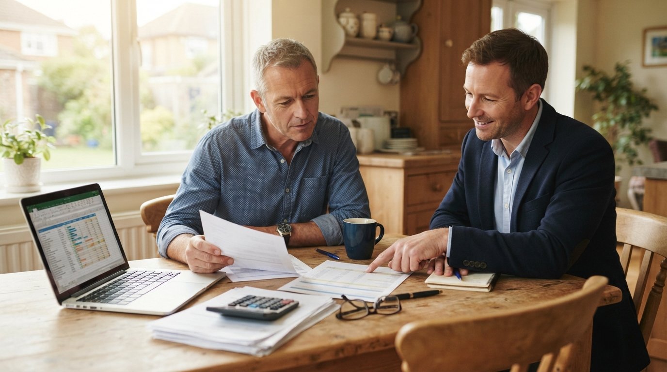Driver and insurance agent at a kitchen table comparing annual and monthly auto insurance costs on a laptop and printed…