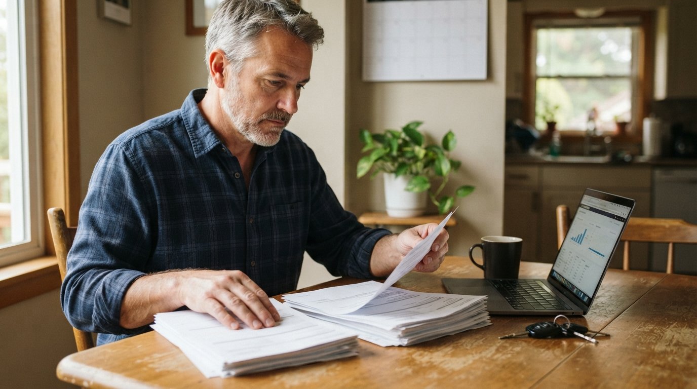 Middle-aged driver in a button-down shirt compares two stacks of insurance paperwork at a wooden kitchen table with a…