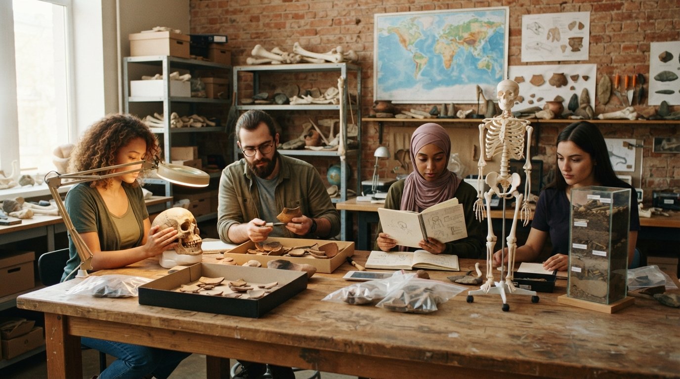 Four students in a lab study a fossil skull replica, pottery sherds, a field notebook, and a soil stratigraphy display at a…