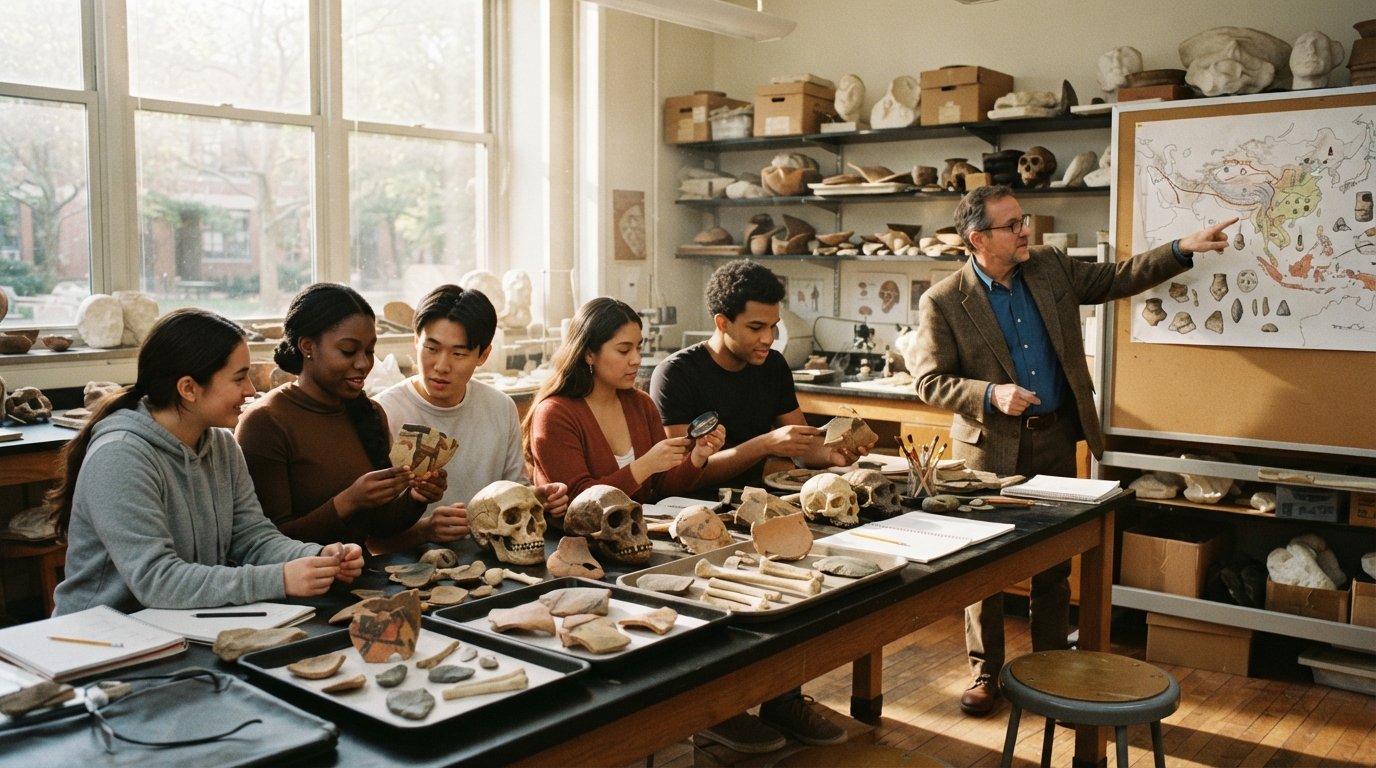 Students and a professor examine pottery fragments and skull replicas on a lab table at Queens College