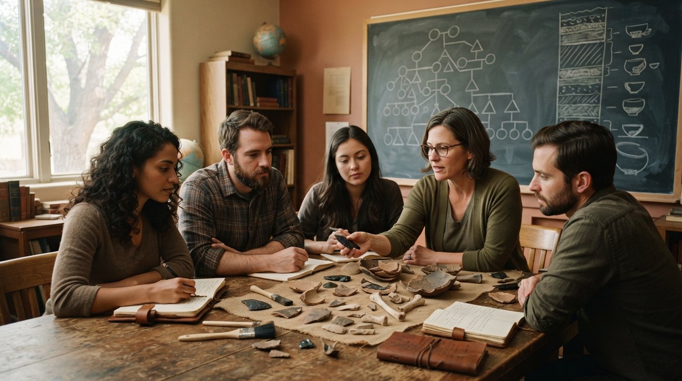 Professor and four graduate students examining ancient pottery shards and bone fragments around a wooden table in a sunlit…