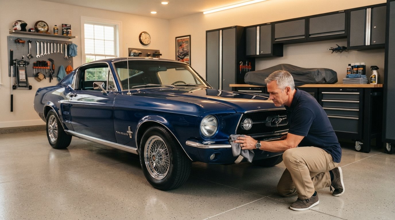 Man in polo shirt wiping chrome bumper of deep blue 1967 Ford Mustang fastback in clean garage with polished floors and…