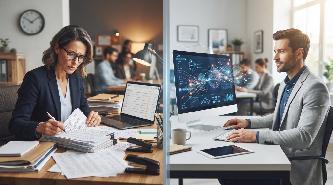 Split office scene: loan officer sorting a printed lead spreadsheet beside a laptop inbox, next to a workstation showing a…