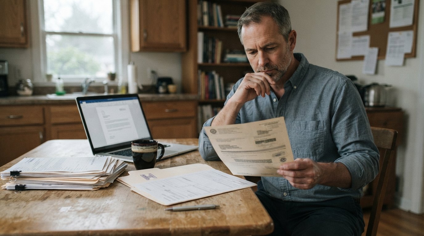 Middle-aged man in button-down shirt holding a denial letter at a kitchen table with medical records, folder, laptop, and…