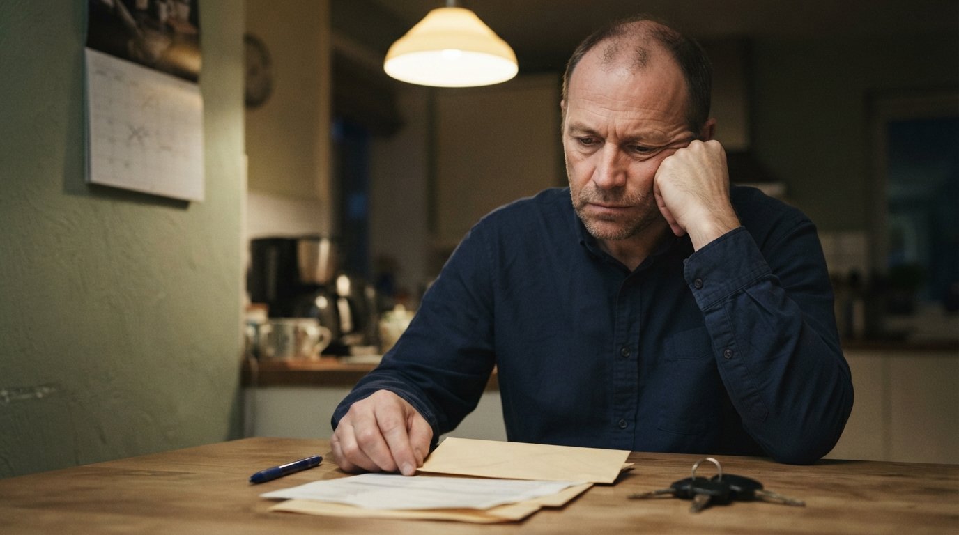 Middle-aged driver in a button-down shirt sits at a kitchen table at night, looking at an envelope and paperwork beside car…