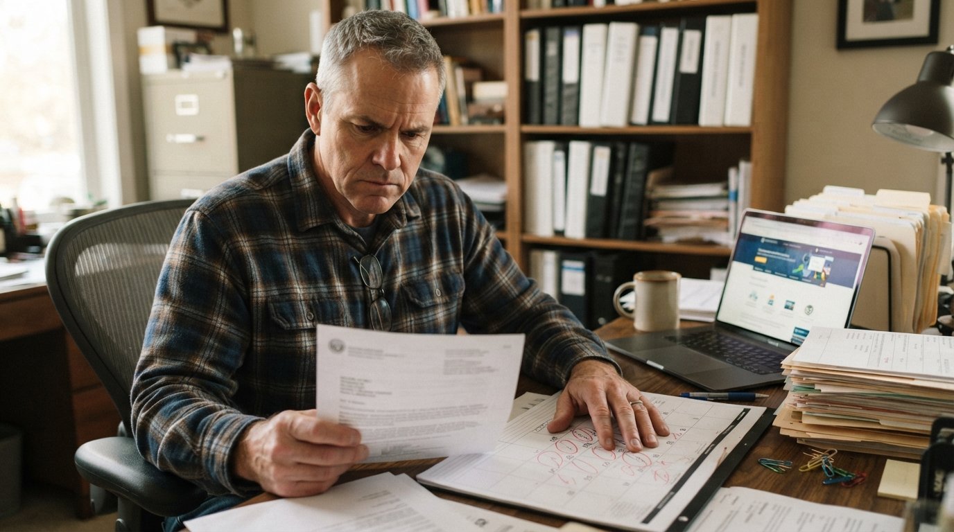 Middle-aged man in plaid shirt holds an SSA denial letter at a desk with a calendar, laptop, and medical records in warm…