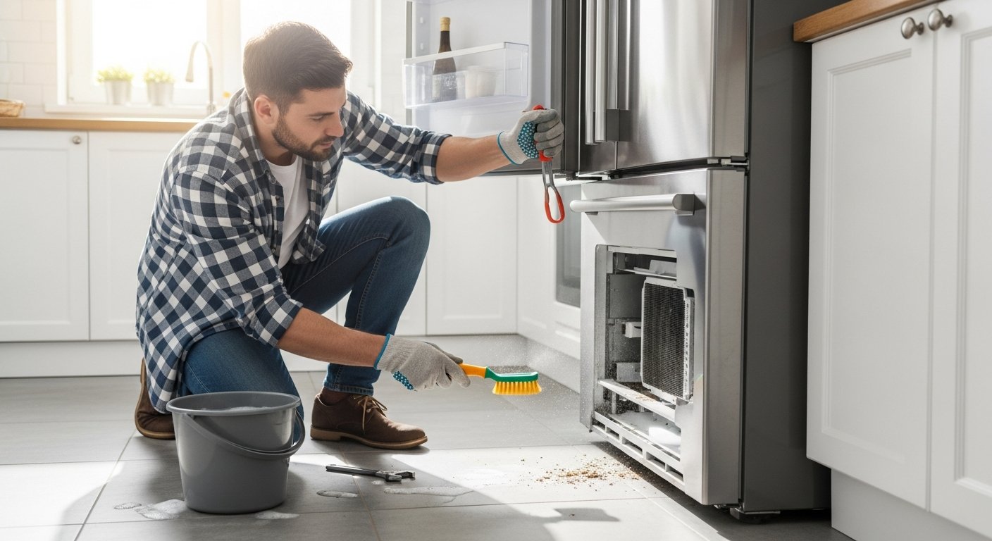 Man in plaid shirt and work gloves kneeling on a kitchen floor to brush dust off refrigerator coils, with a wrench and…