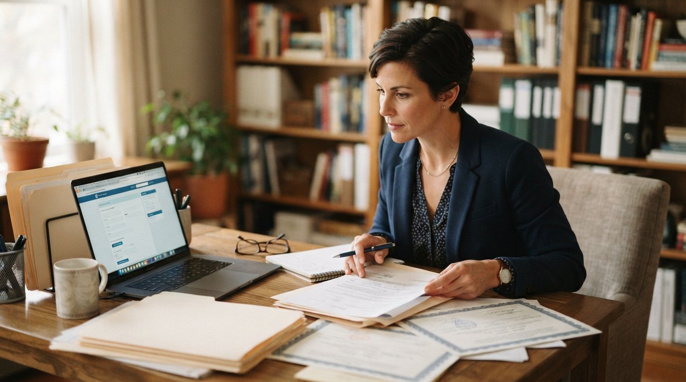 Woman in a blazer sorts printed transcripts and certificates at a wooden desk while checking a laptop showing a college…