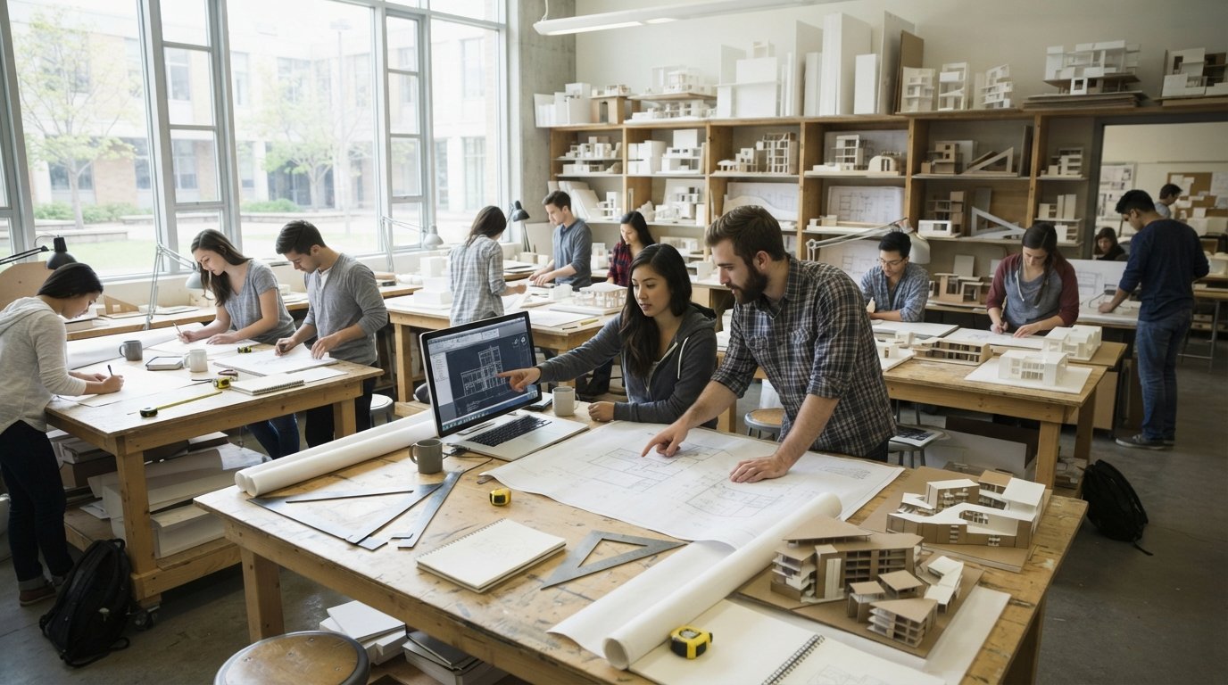 Architecture students leaning over drafting tables with blueprints and laptops in a sunlit studio with model buildings on…