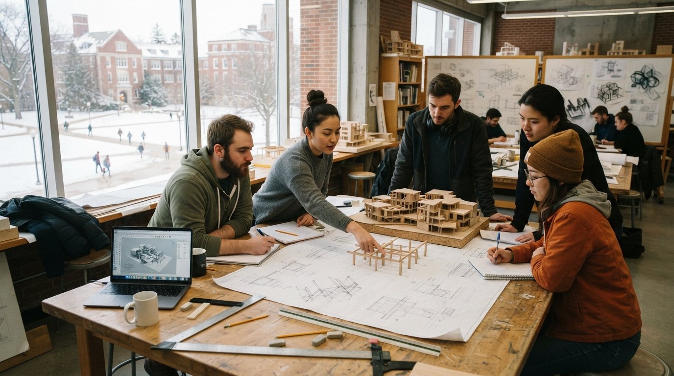 Graduate architecture students review blueprints and a building model at a wooden drafting table in a bright studio, with a…