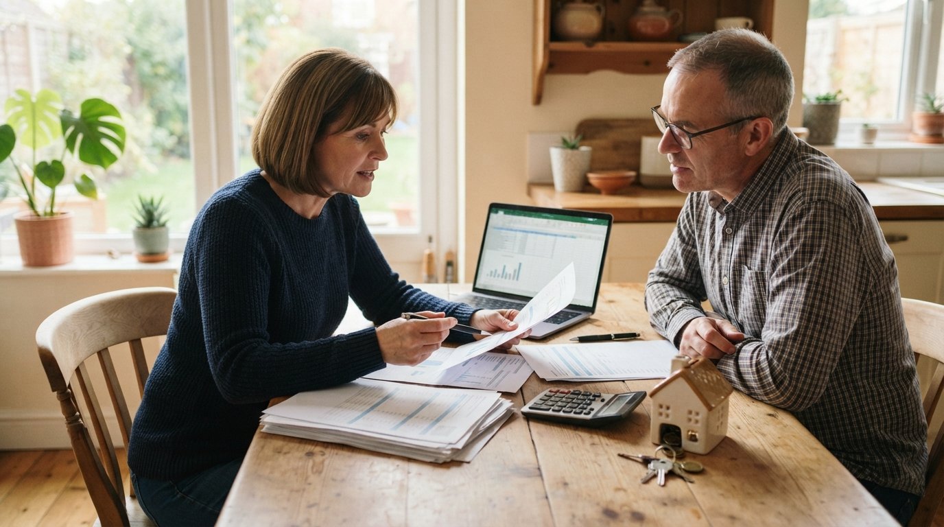 Couple reviewing a home equity loan statement and tax paperwork at a kitchen table with a laptop, calculator, pen, folder,…