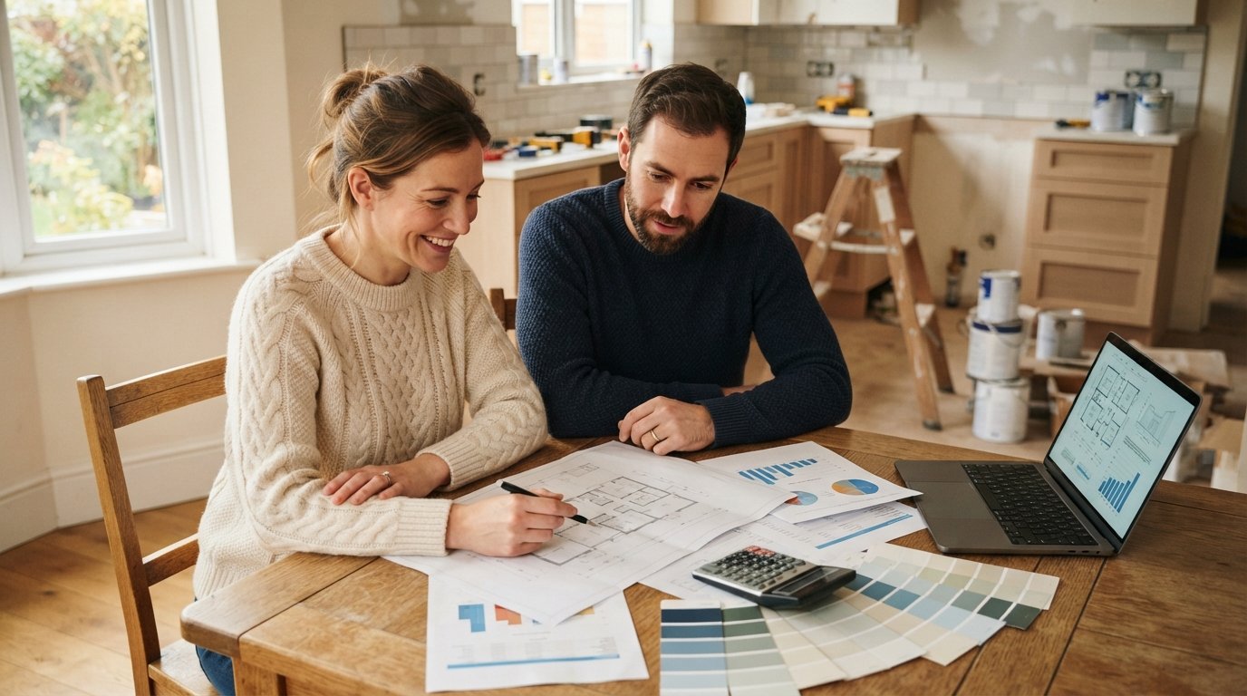 Couple in sweaters reviewing renovation paperwork, blueprints, and a calculator at a sunlit kitchen table with paint…