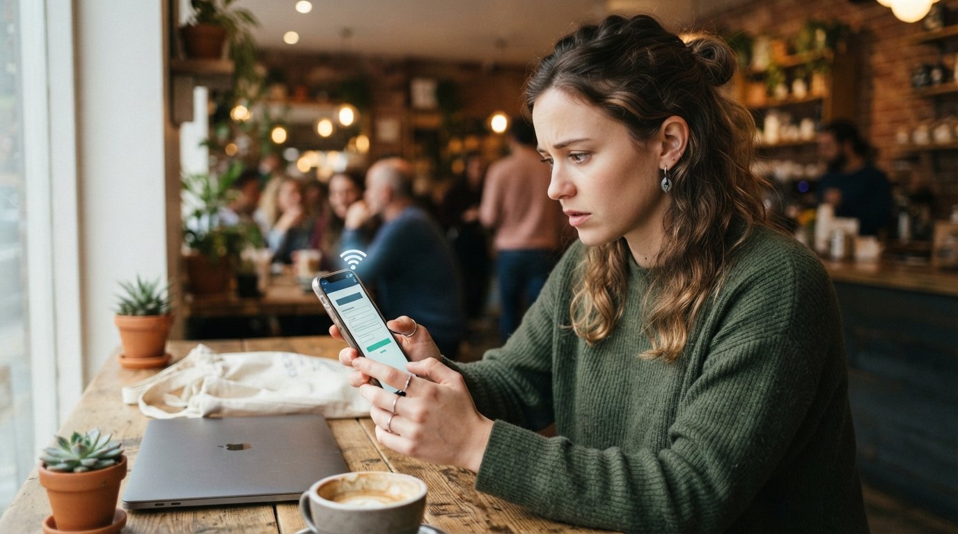 Young adult at a wooden café table holding a smartphone with a glowing form, glancing toward a public Wi-Fi signal icon