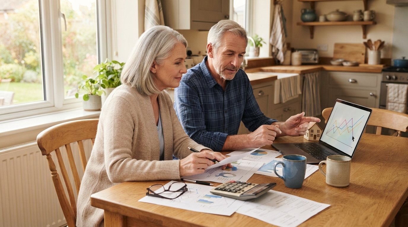 Older couple reviewing financial documents, a calculator, and a laptop with a home equity graph at a sunlit kitchen table